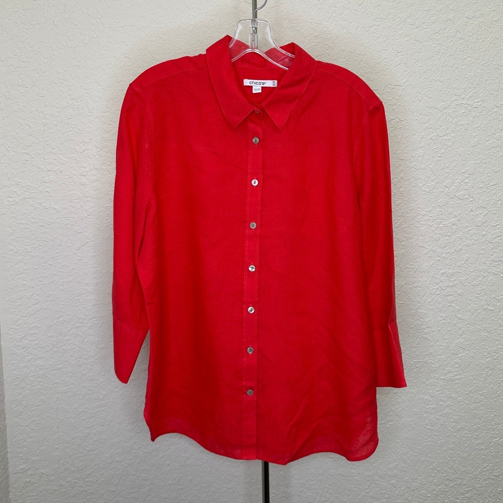 Chicos Red 100% Linen Button Down Shirt Size 2.5 US 14 Long Sleeve Blouse